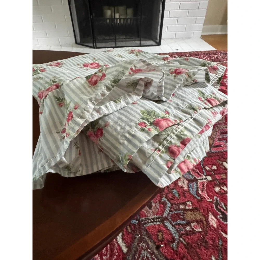 Vintage Ralph Lauren Emma Full Top Sheet White Stripe Pink Rose Floral Ruffle